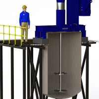 Digital illustration of a man standing on a platform next to a large high-speed disperser in a tank.