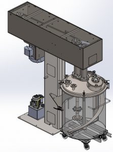 A technical diagram of a Hockmeyer High-Speed Disperser that shows a helical blade within a mixing container.
