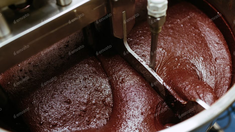Thick dark brown chocolate being mixed in a factory.